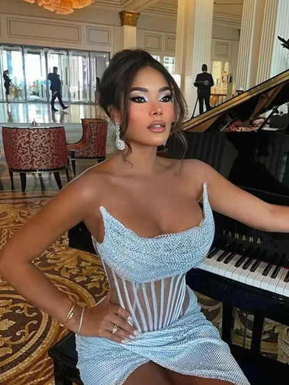 Cowl Neck Corset Bodice Sequin High Slit Maxi Gown