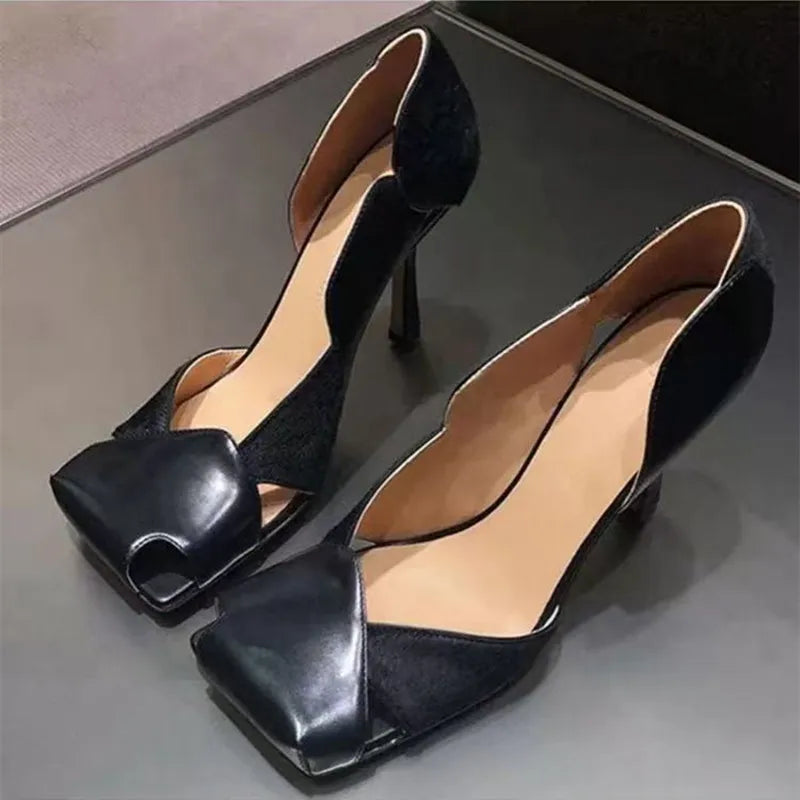 Vintage Square toe Patchwork Hollow out Women Pumps Spring Summer Fashion Patent Leather Slip-on Thin High heels Party Shoes