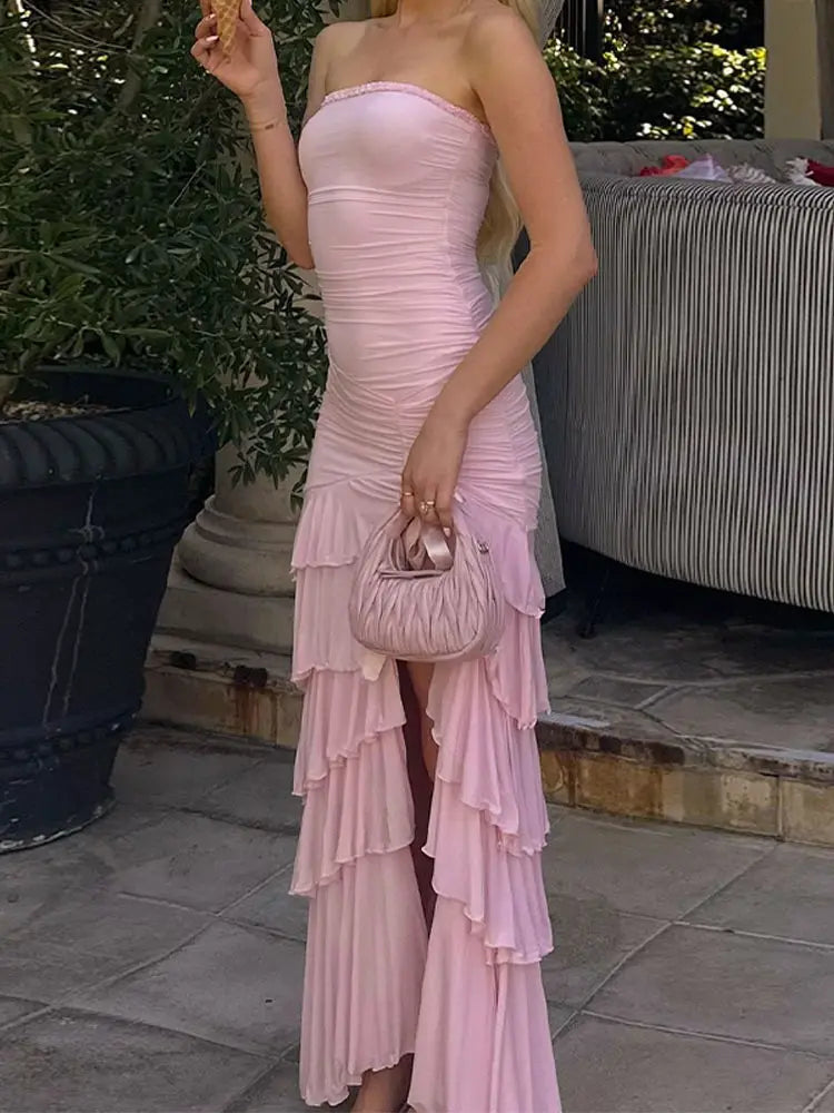 2024 Fashion Layered Ruffles Hem Beaded Long Dress Elegant Sexy Backless Slim Split Dresses Summer Lady Evening Party Vestidos