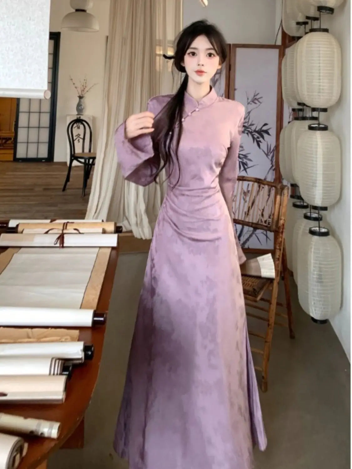 New Chinese Style Folding Stand Collar Dress Autumn Waist-lifting Modified Cheongsam Women's Temperament Long Dresses