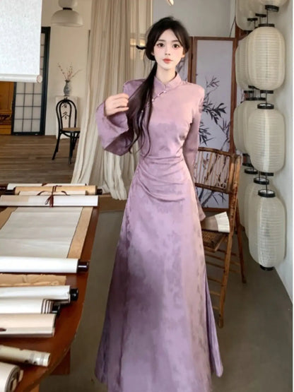 New Chinese Style Folding Stand Collar Dress Autumn Waist-lifting Modified Cheongsam Women's Temperament Long Dresses