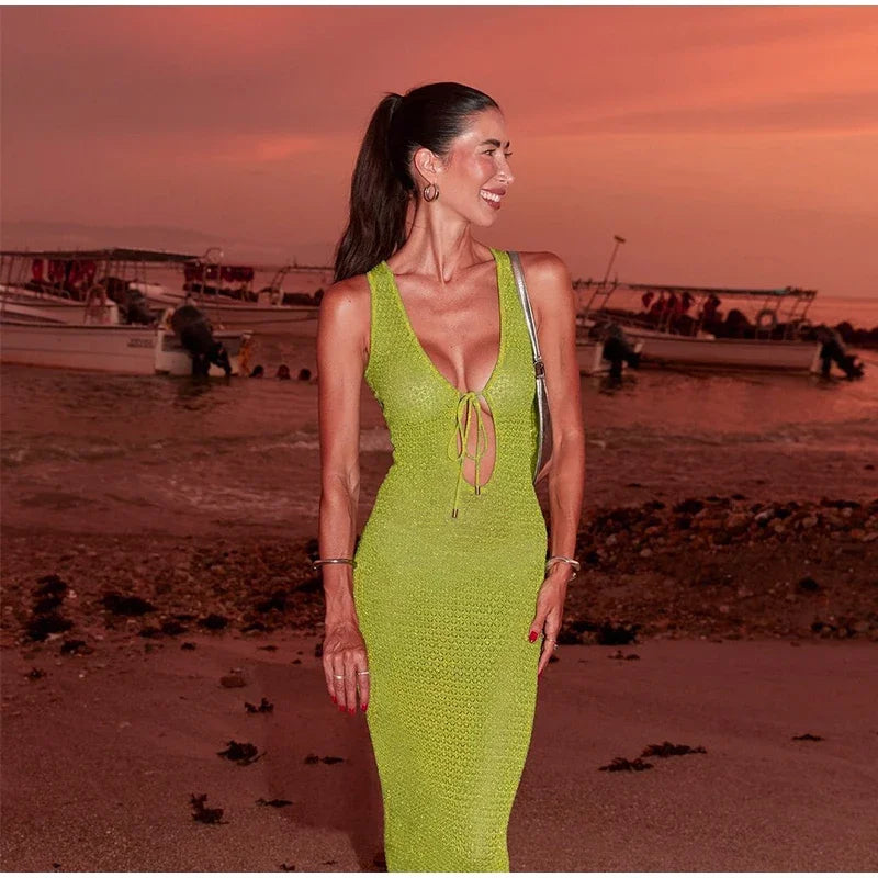 Beach Hollow Out Knit Long Dress Women Slim Sleeveless Lace Up V-neck Bodycon Dresses Female 2025 Summer Party Solid Robes