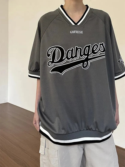Y2k Sport Embroidery Graphic T Shirts for Women Oversized V-neck Quick Drying Short SleeveTee Summer Hip Hop Casual Tops