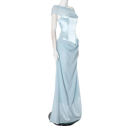 One Shoulder Draped Cowl Corset Waist Satin Column Maxi Gown