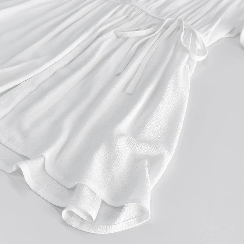 White Textured Mini Dresses Women New Scoop Neck Long Sleeve Lace-up A-line Vestidos Summer Beach Holiday Casual Cover-up