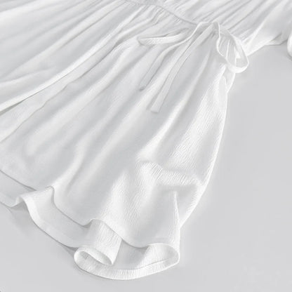 White Textured Mini Dresses Women New Scoop Neck Long Sleeve Lace-up A-line Vestidos Summer Beach Holiday Casual Cover-up