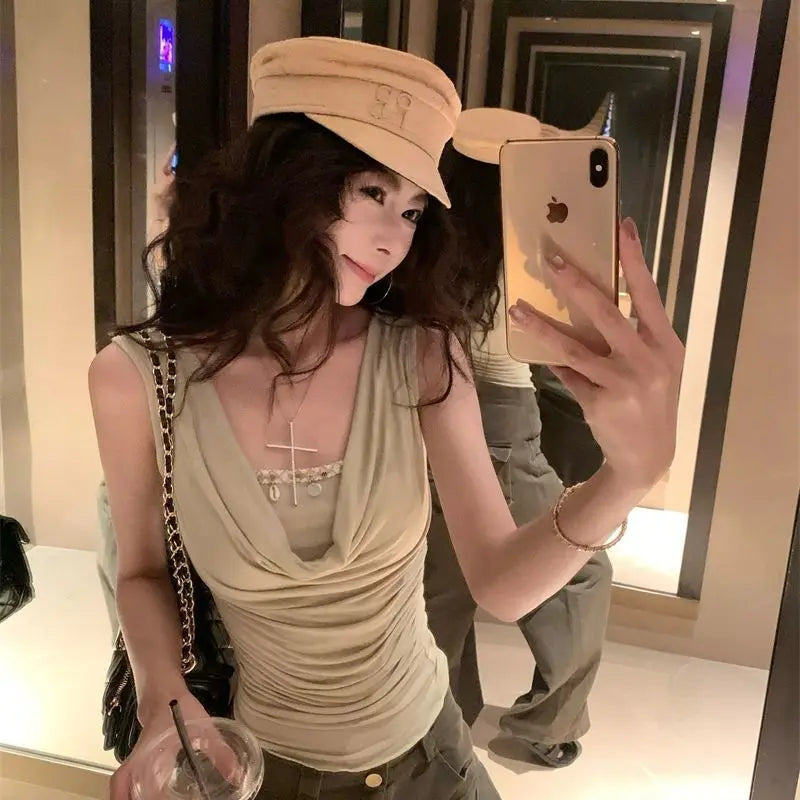 Summer Cropped Corset Top Draped Neck Two Tone Sleeveless Built-in Layered Shirt Women Soft Sexy