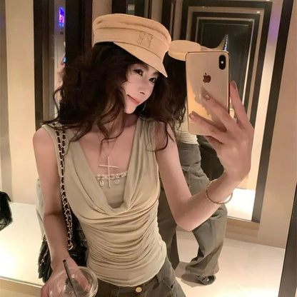 Summer Cropped Corset Top Draped Neck Two Tone Sleeveless Built-in Layered Shirt Women Soft Sexy