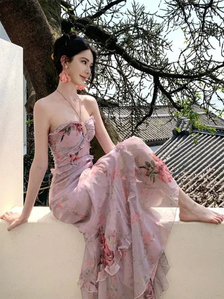 Woman Dress Sexy Elegant Sleeveless Floral Printed Spring Fashion Irregular Ruffles Holiday Hollow Out Backless Dresses