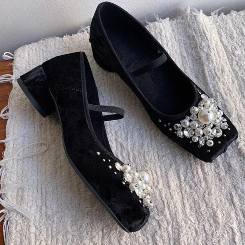 String Bead Chunky Heel Mary Jane Shoes Women Square Toe Elasticized Design Ballet Shoes Elegant Wedding Bridal Designer Pumps