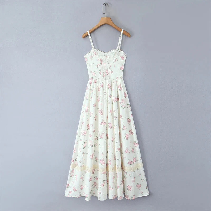 New 2025 Women Floral Print Elegant Sling Long Dress Sexy Thin Straps Hem Slit A-line Summer Holiday Dresses