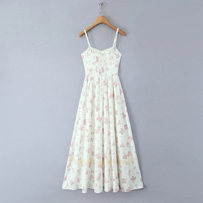 New 2025 Women Floral Print Elegant Sling Long Dress Sexy Thin Straps Hem Slit A-line Summer Holiday Dresses