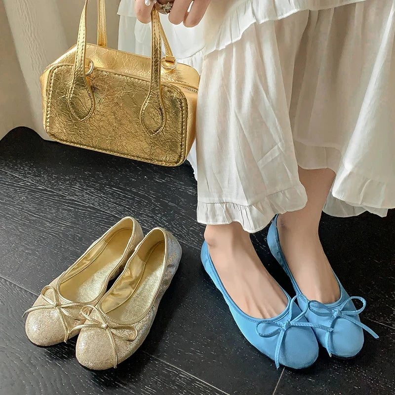 Woman Flats Satin Basic Style Round Toe Ballet Shoes Slip On Woman Soft Flats Spring Autumn Daily Bowtie Loafers