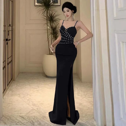 Dresses Women Sleeveless Sexy Split Slim Slash Neck Backless Rhinestone Elegant Temperament Party Dress Female Fashion