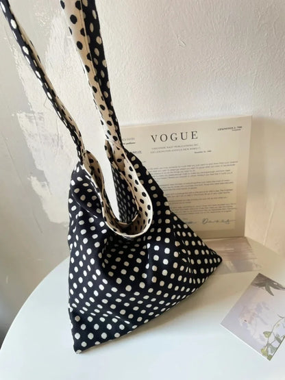 Niche Double-sided Black White Polka Dot Bags Female Shoulder Bag Casual All-match Retro All-match Simple Canvas Bags