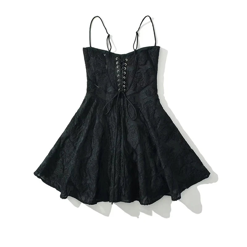 Vintage Jacquard Sling Sexy Dress For Women Thin Straps O Neck Low Waist A-line Mini Dresses Female Lace Up Back Summer Robe