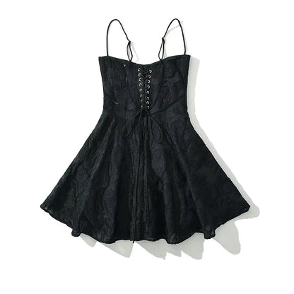 Vintage Jacquard Sling Sexy Dress For Women Thin Straps O Neck Low Waist A-line Mini Dresses Female Lace Up Back Summer Robe