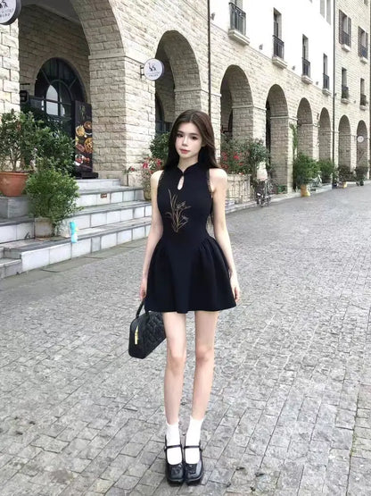 Chinese Style Printed Dress for Women's Summer Slim Fit Sleeveless Lace A-line Short Dress Fashion Female Clothes