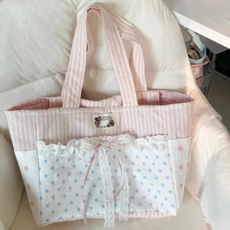 Patchwork Contrast Color Striped Women's Handbags Kawaii Bow Lace Dot Shoulder Underarm Bag Fashion Chic Y2k Aesthetic Tote Bags