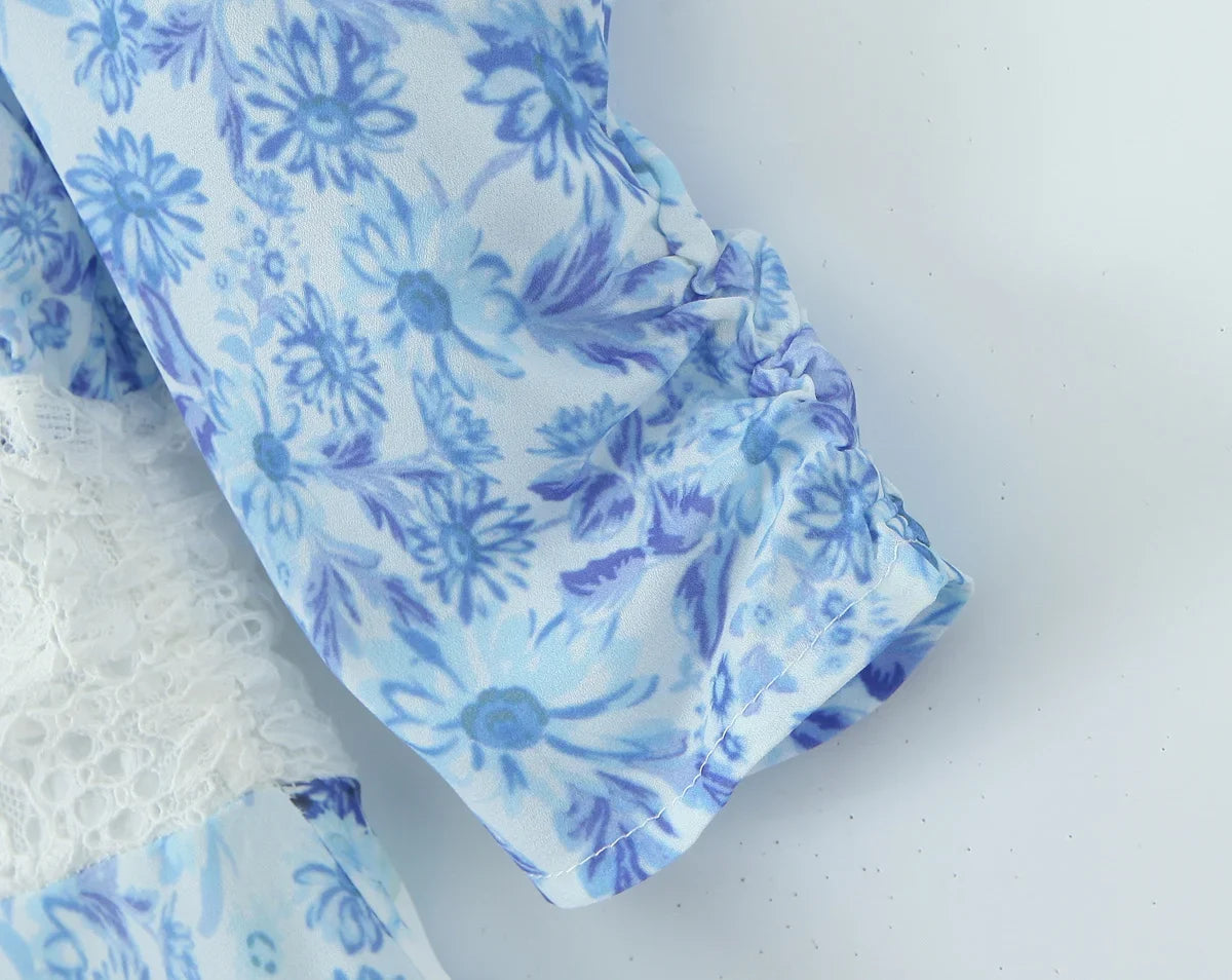 Summer Women Blue Floral Print A-line Mini Dresses Sexy Backless V Neck Lace Spliced Boho Dresses Female Holiday Robe New 2025