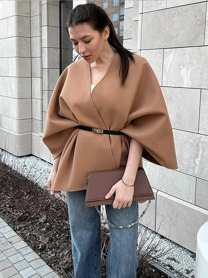 Elegant Women's Woolen Cloak Coats V-neck Lace-up Long Overcoats Loose Belt Autumn Jacket 2025 Buttonless Streetwear Outerwears