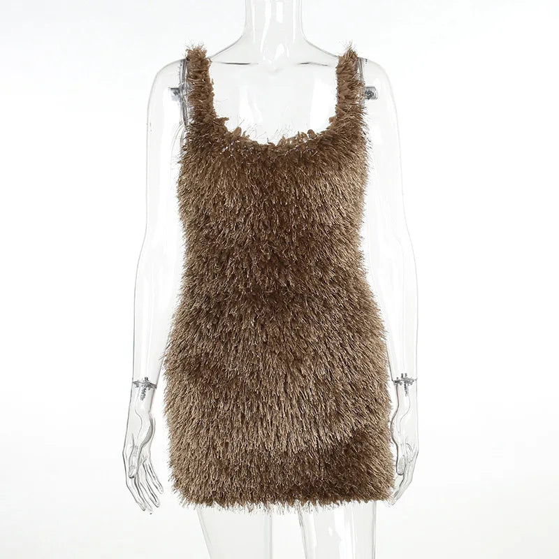 Fur Sexy Backless Mini Wrap Dress Solid Luxury Women Club Party Outfit Casual Spaghetti Cloth Female Elastic Bodycon Dress