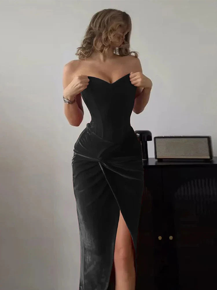 Women Bandage Backless Knotted Long Dress Velvet Split Sleeveless Slim Evening Party Hip Package Dresses Female Sexy Gown Robe