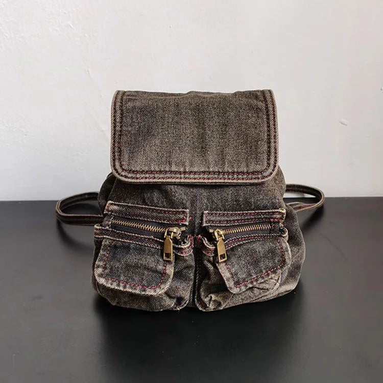 New Retro Washed Denim Backpacks Causal Multifunctional Chain Bag Women's Backpack