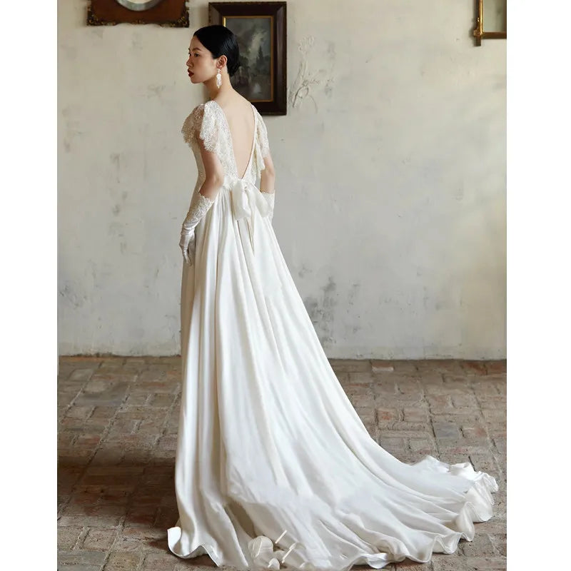 Light Boho Wedding Dress Sexy Backless Short Sleeve Simple Wedding Party Dress Satin Vestidos De Novias 2024