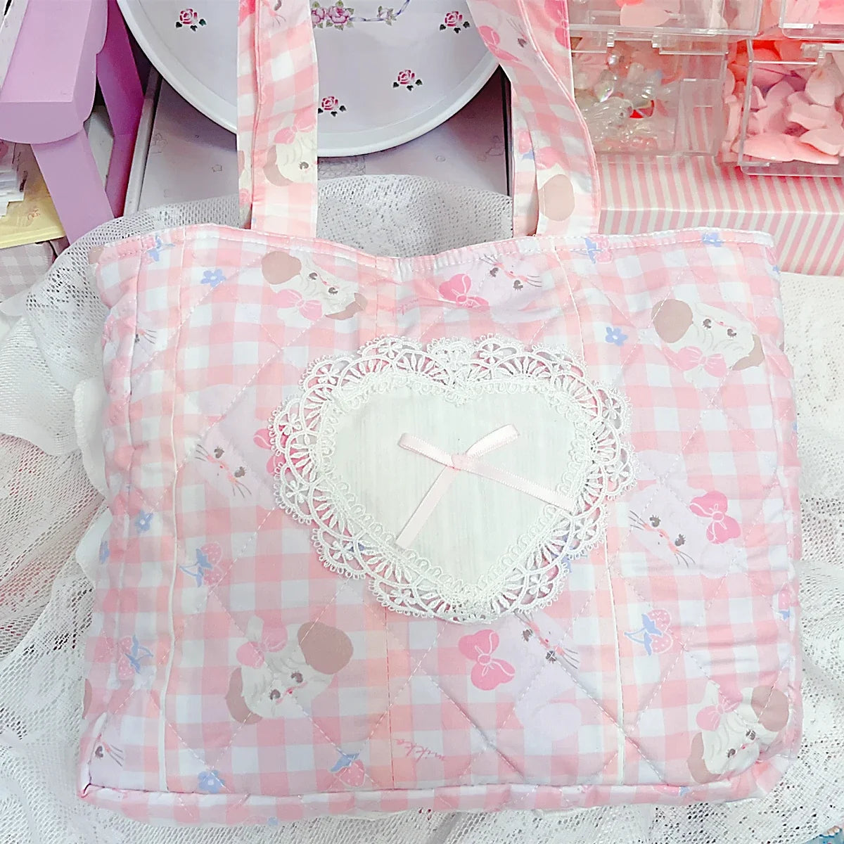 Pink Lace Trim Canvas Handbag Multi-functional and Portable Bag for Girls with a Touch of Cuteness
