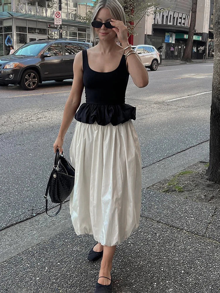 Solid Color Fold Skirts For Women Elastic High Waisted With Pocket Loose Fashion Patchwork Summer New Long Skirt Female
