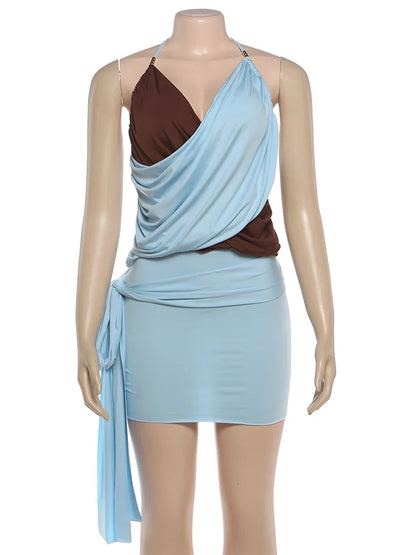 Sexy Color Blocking 2-Piece Set Women Bead Halter Bandage Backless Cross v-Neck Vest+Tassel Solid Skirt Fashion Suit