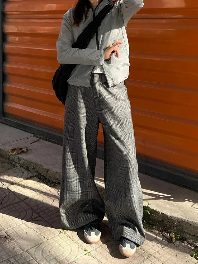 Vintage Women Tartan Bootcut Suit Pants Checkered Draped Tweed Long Trousers High Waist Wide Leg Pants Casual Streetwear