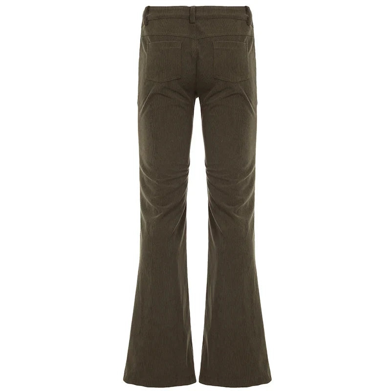 Women Corduroy Flare Pants Retro Green Low Waisted Skinny Boot Cut Trousers Autumn Y2K Streetwear Outfits Casual