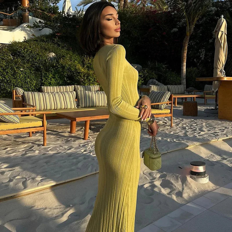 Rib Knit Crew Neck Long Sleeve Bodycon Maxi Dress