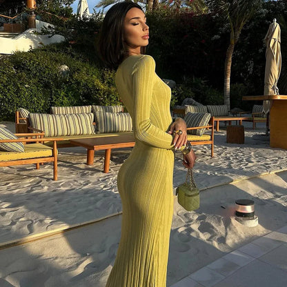 Rib Knit Crew Neck Long Sleeve Bodycon Maxi Dress
