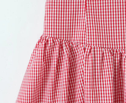 Fashionable Short Red Plaid Dress Women Sexy Backless A-line Mini Summer Halter Dress Vacation Robe 2026