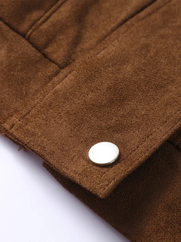 Zipper Suede Cargo Jacket Coat Button Lapel Maillard Slimming Workwear Leather Jackets Casual Short Outwear Commute Overcoat