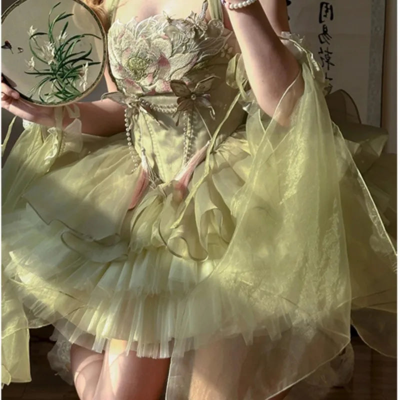 Green ballet style embroidery national light luxury sweet dress