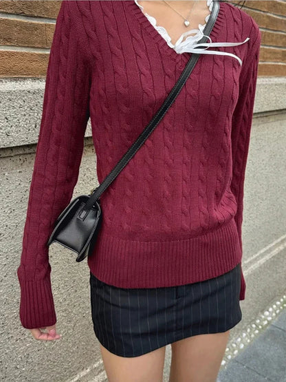 Vintage Twisted Floral V-neck Knit Sweater Women Cotton Warm Slim Preppy Style Solid Pullovers Tops Sweet Chic Cute Jumpers Y2K
