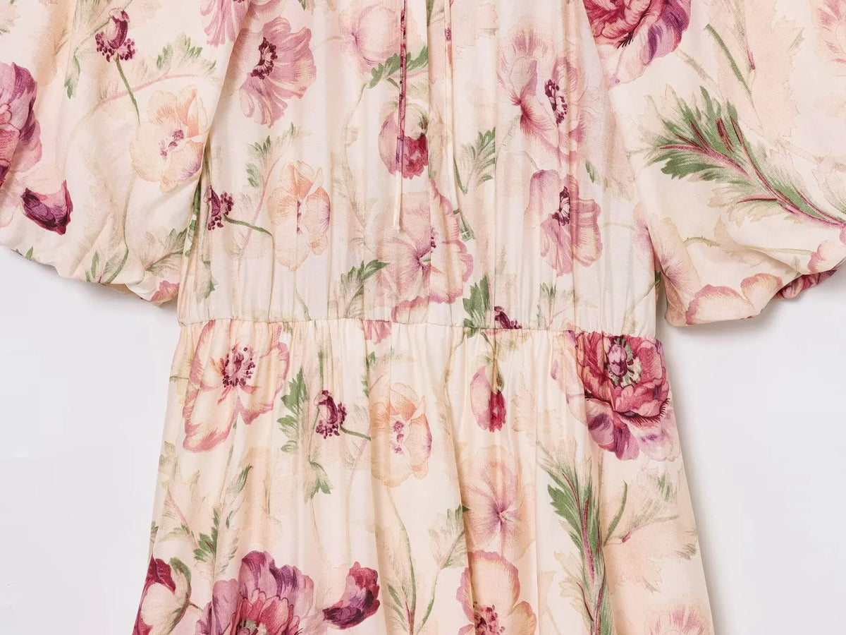 Fashion All-match Puff Sleeve Short Women Dress Round Neck Floral Print Chic New Dress Elegant Summer Woman Clothing