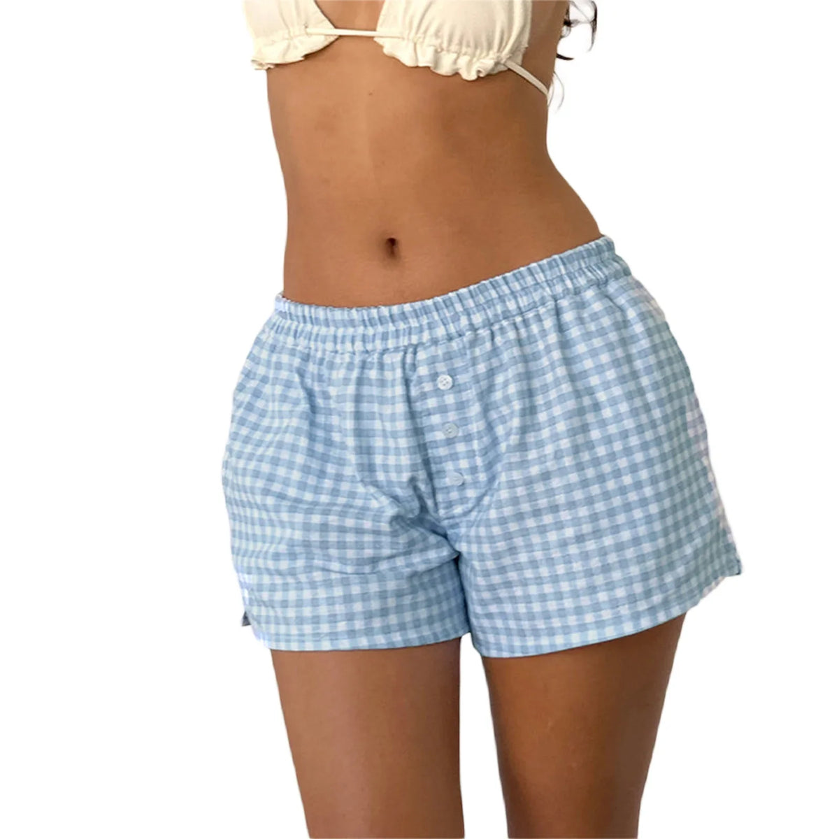 Women's Y2K Plaid Print Wide Leg Button Elastic Low Waist Loose Side Split Shorts with Pockets Summer Streetwear