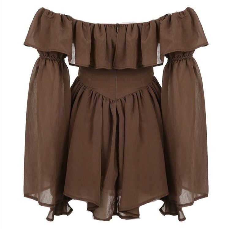 Off Shoulder Corset Waist Bell Sleeve Sheer Mini Dress