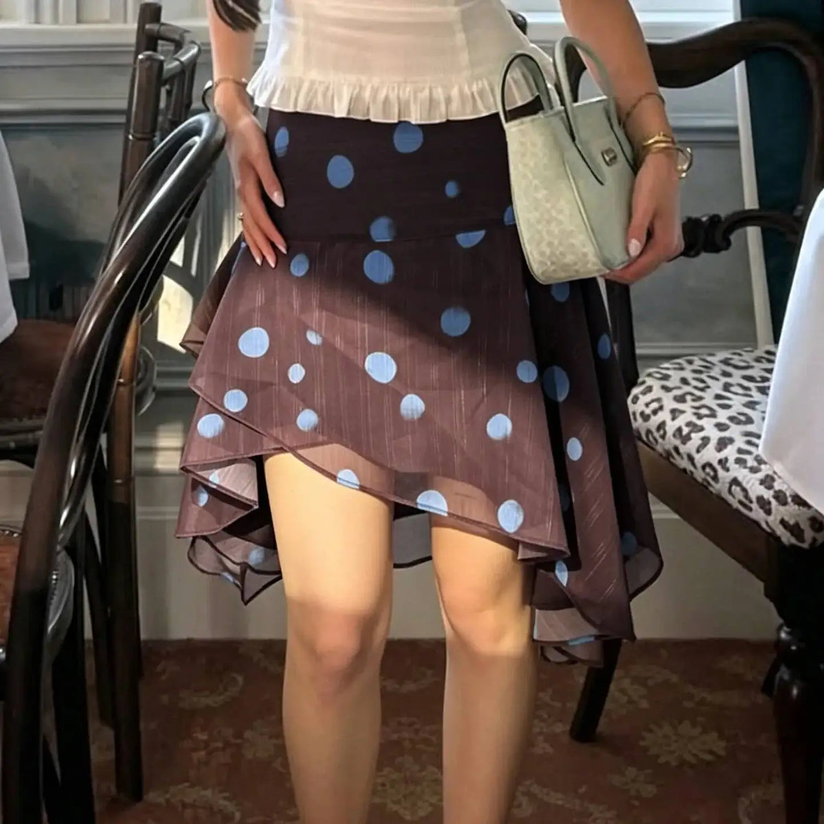 Asymmetrical Polka Dot Chiffon Mini Skirt Low-waist Irregular Pleated Short Skirt Fashion Elegant Beachwear Summer Outfit