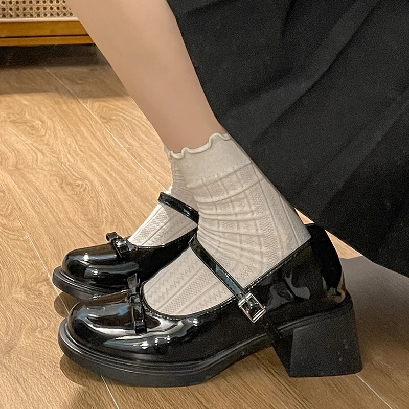 New Cute Patent Leather Mary Jane Shoes Women Autumn Buckle Straps High Heels Pumps Woman Japanese Style Uniform School Shoes