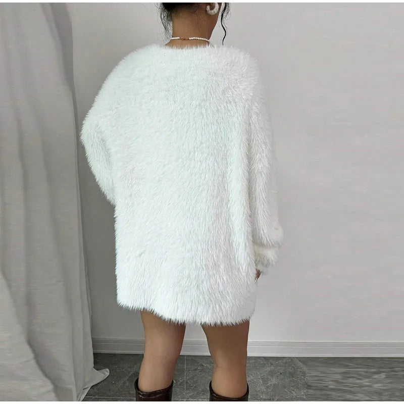 Plush V-neck Knitted Mini Dress Woman Loose Autumn Winter Women's Sweater Soft Above Knee Long Sleeve Solid Casual Dresses Warm