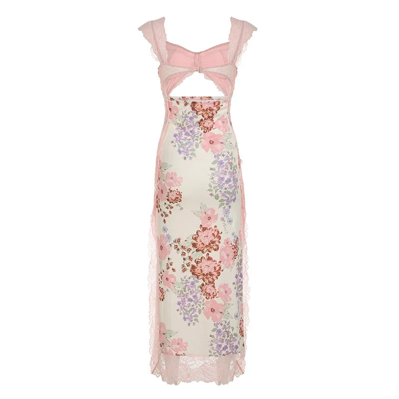 Flower Print Lace Trim Cut Out Camisole Dresses Sleeveless Spliced Skinny Side Split Sexy Elegant Frocks