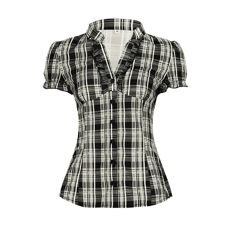 French Chic Ruffles Elegant Women T-Shirts Simple Fashion Slim Fit All-Match Plaid V-Neck Blouses