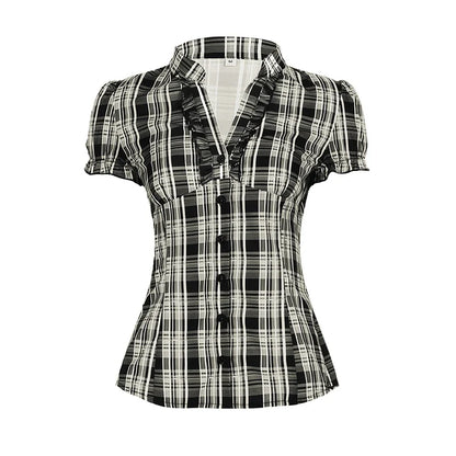 French Chic Ruffles Elegant Women T-Shirts Simple Fashion Slim Fit All-Match Plaid V-Neck Blouses