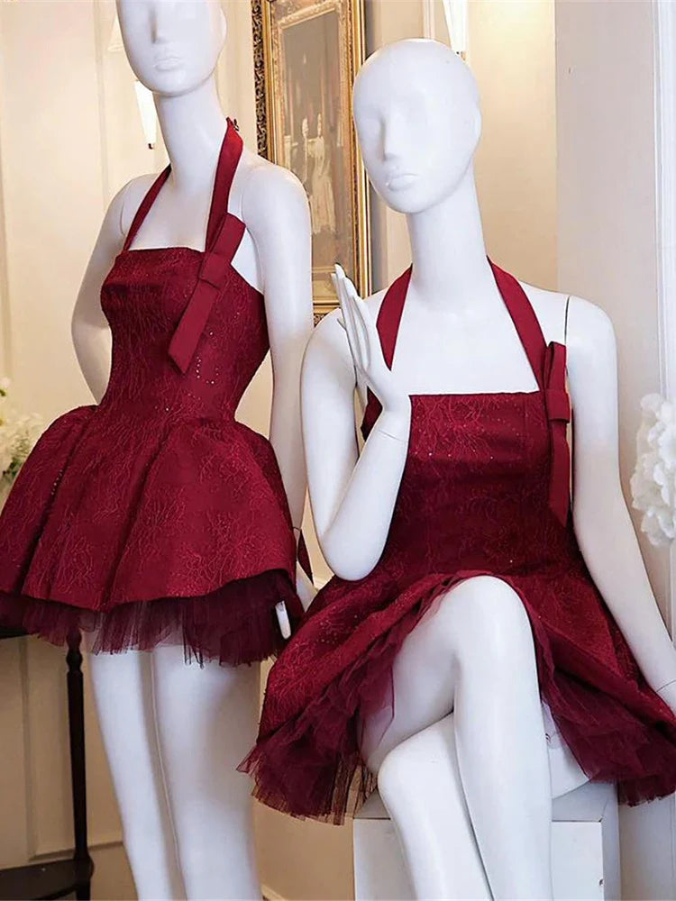 Puss Jacquard Dress +Mesh Puffy Skirt Women Sexy Noble Bow Sequin Sleeveless Halter Backless Stretch Birthday Party Suits